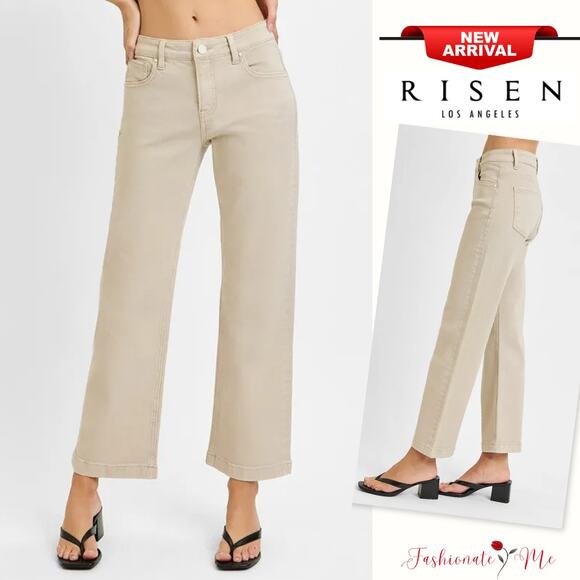 RISEN Tummy Control Mid Rise Waist Zip Fly Ankle Straight Denim JeansAlmond